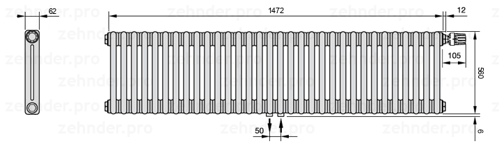 Схема (чертеж) Радиатор Zehnder Charleston 2056/32 №V008 Белый глянцевый RAL 9016